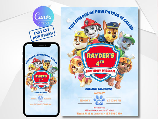 Paw Patrol Birthday Invitation | Paw Patrol Invite | Paw Patrol Digital eCard | Instant Digital Download