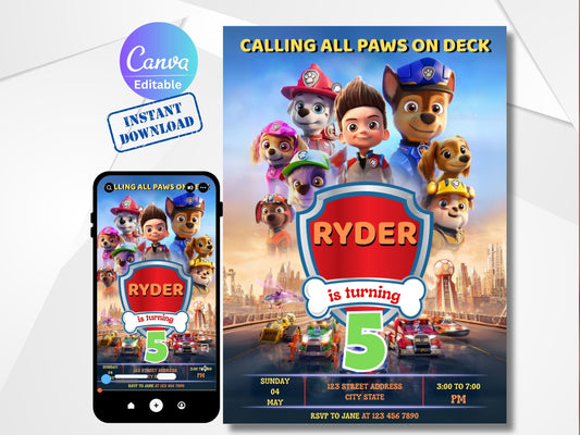 Paw Patrol Birthday Invitation | Editable Paw Patrol Invite | Paw Patrol Kid Party Invite  | Instant Digital Download